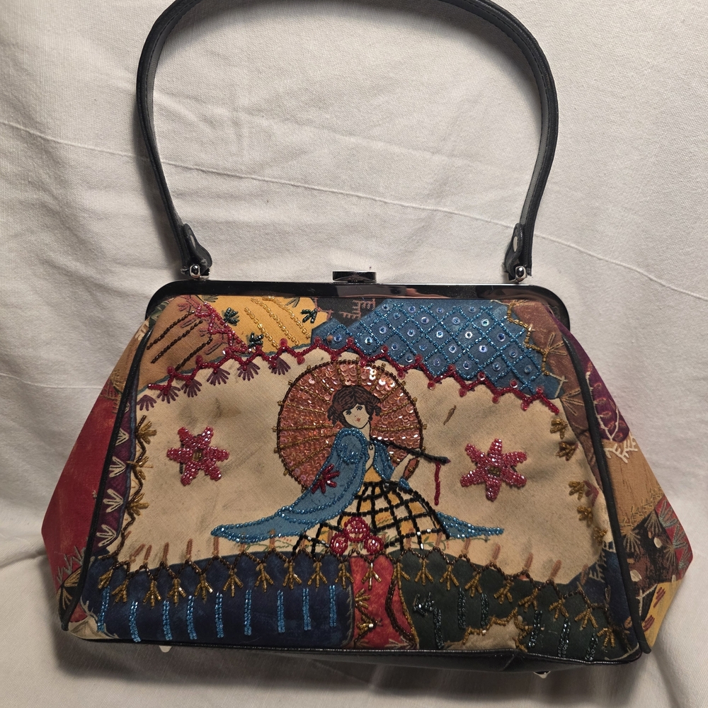 Artistic Embroidered Shoulder Bag with Black Handle